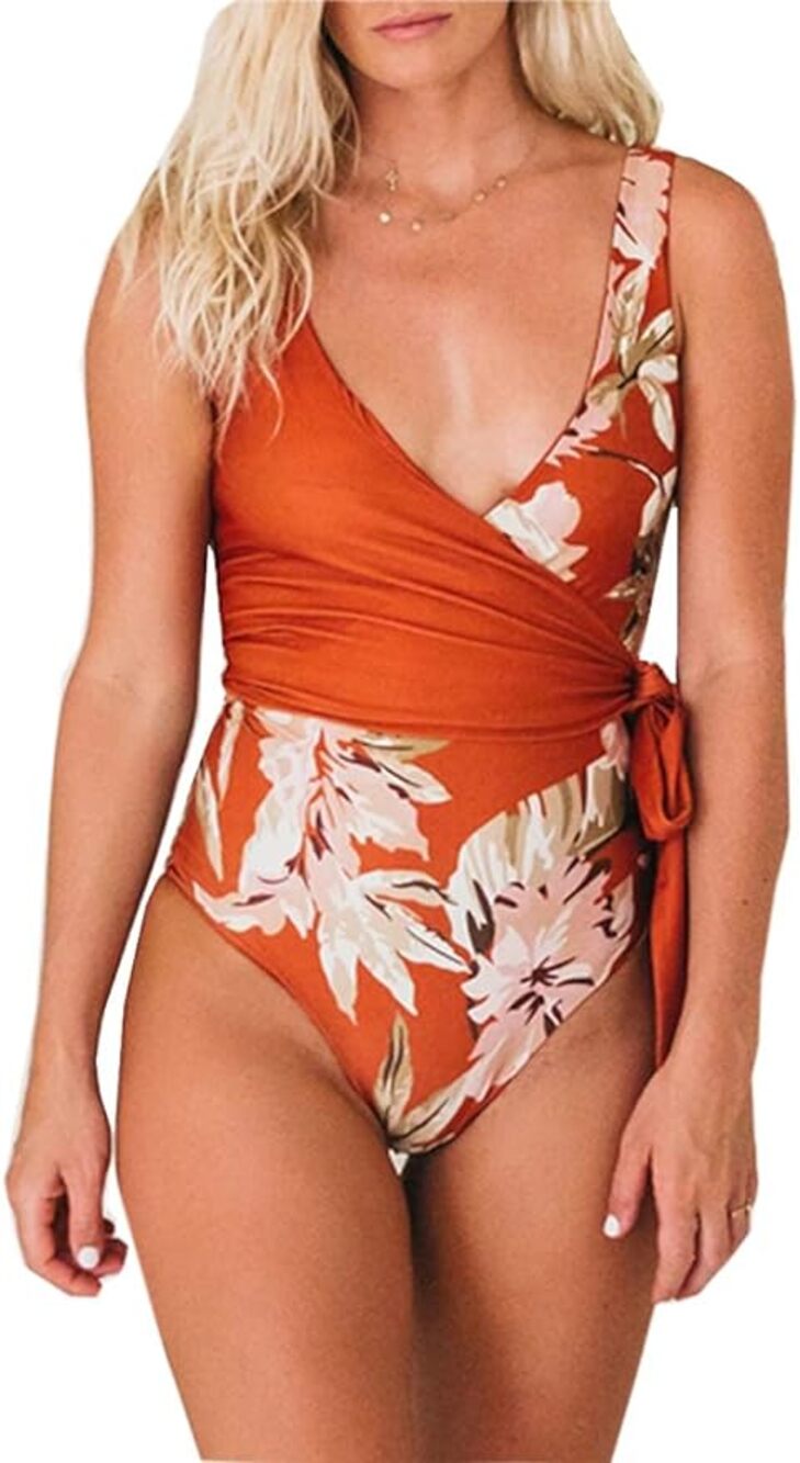 [CHYRII] Orange Red Floral Feather Wrap Front V-Neck One Piece Swimsuit Sz Large